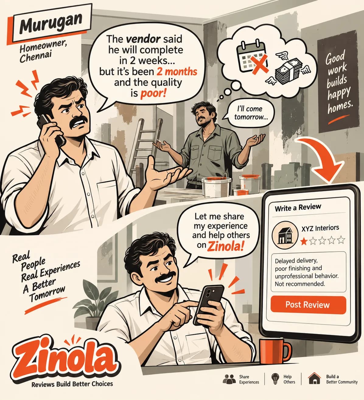 Comic: Murugan on the phone with a vendor who keeps delaying, then writing a one-star review on Zinola.