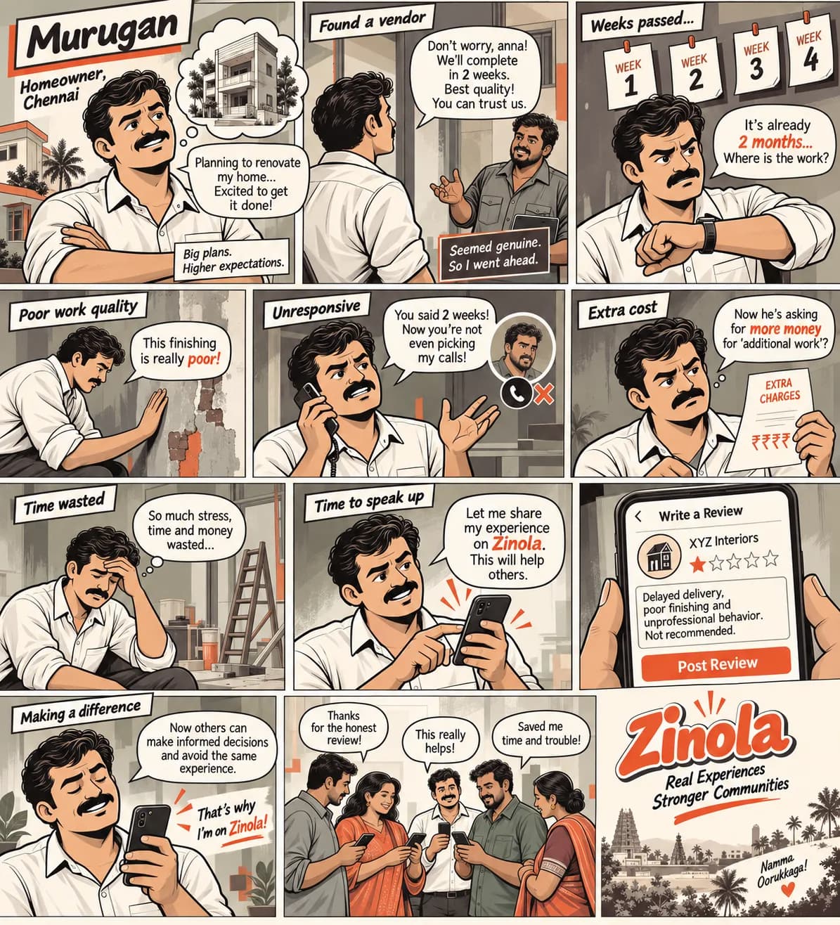 Comic: Murugan, a homeowner in Chennai, suffers a delayed renovation with extra charges, then writes a review that helps his neighbours.